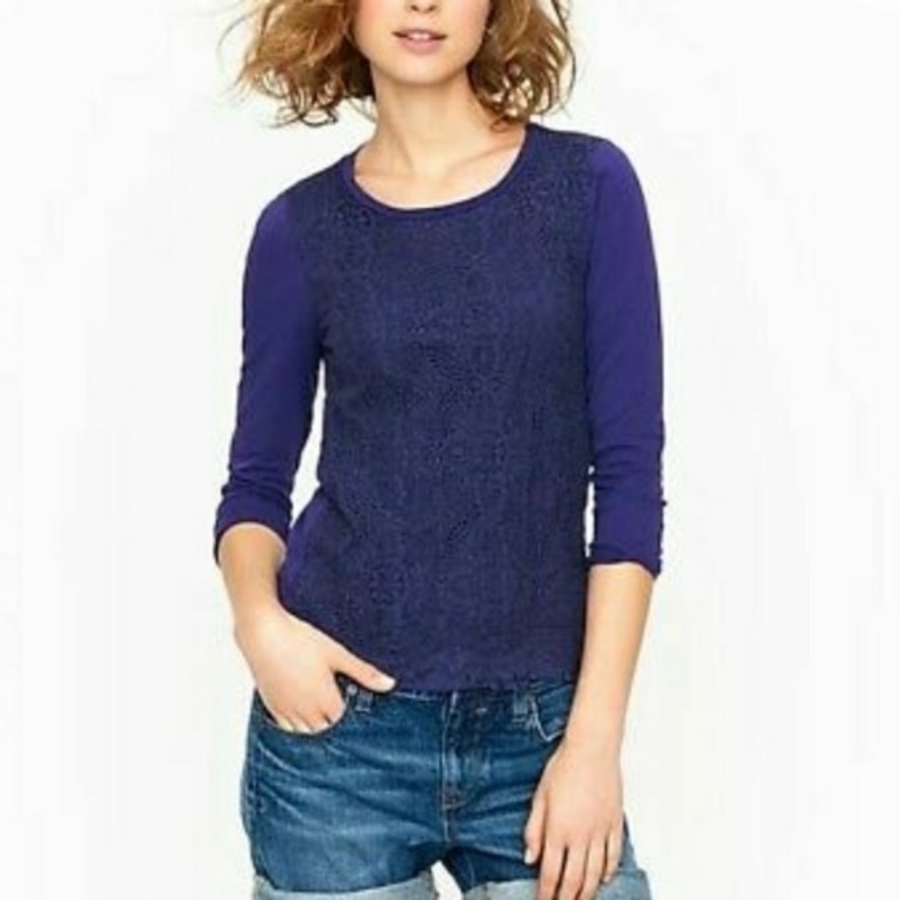 J. CREW CROCHET LACE FRONT TEE - NAVY - SZ S